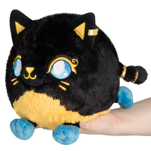 Bastet Mini Squishable plush, round black cat with blue eyes, gold accents, blue paws, and a yellow belly.