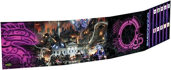 Shadowrun Sixth World Gamemasters Screen with Rep/Heat trackers and city, White House, and purple-themed artwork.