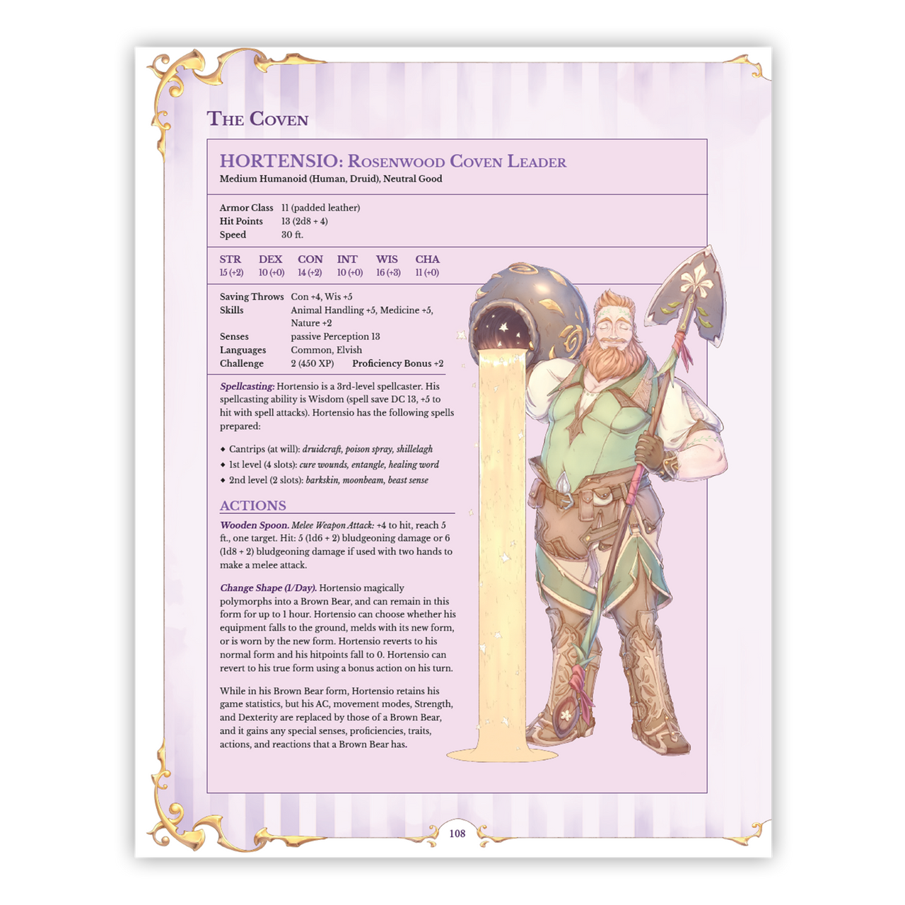 Hexbound: A Witchy Supplement for 5e D&D subclasses shown on a character sheet with a man pouring potion.