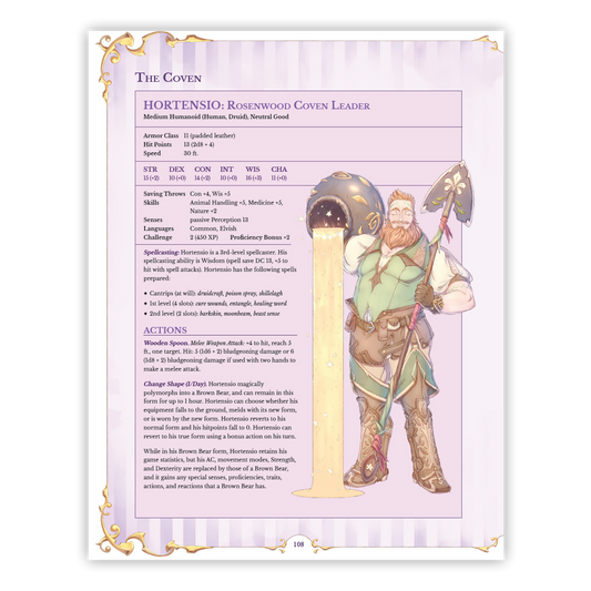 Hexbound: A Witchy Supplement for 5e D&D subclasses shown on a character sheet with a man pouring potion.