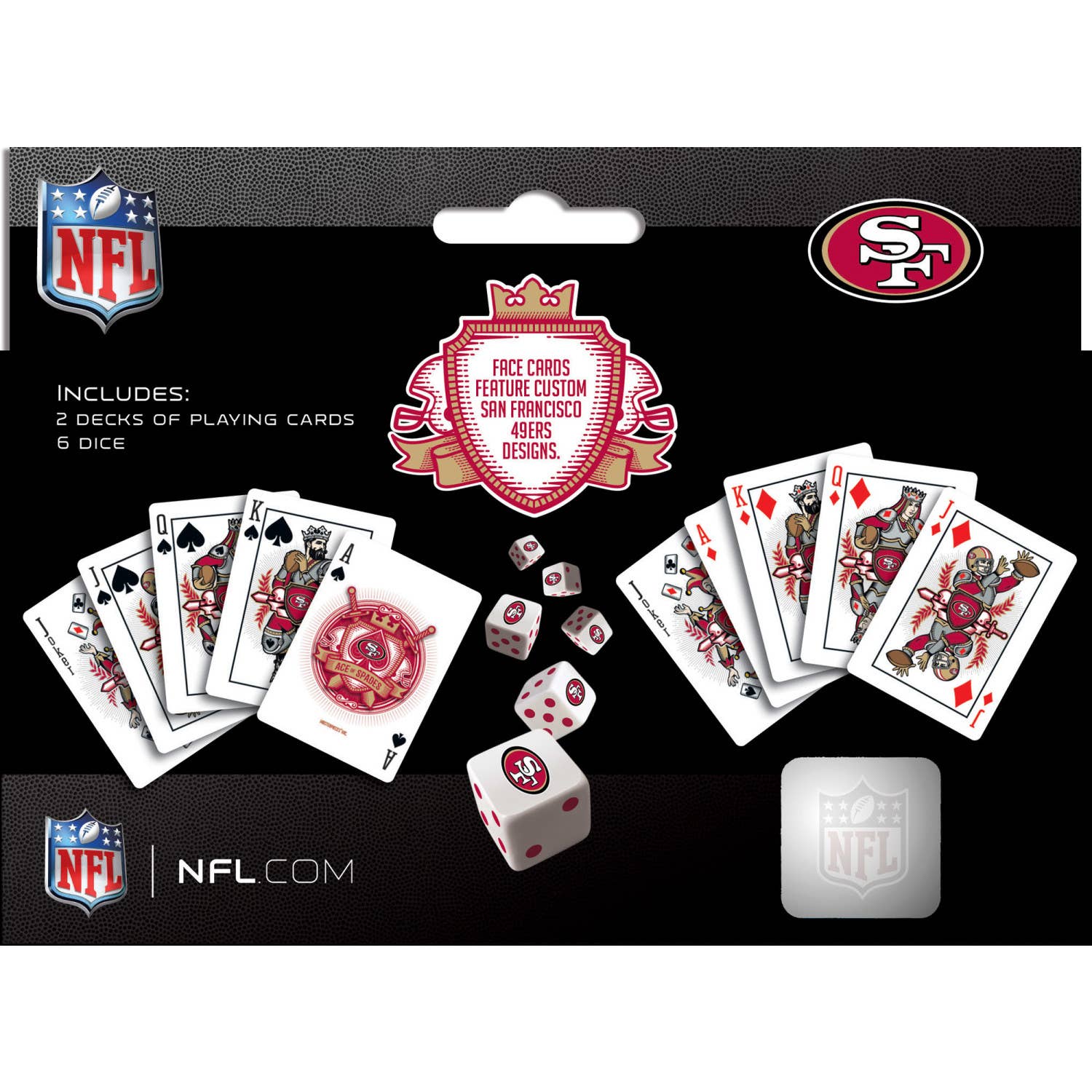 San Francisco 49ers 2-pack playing cards and dice set with two decks and six dice.