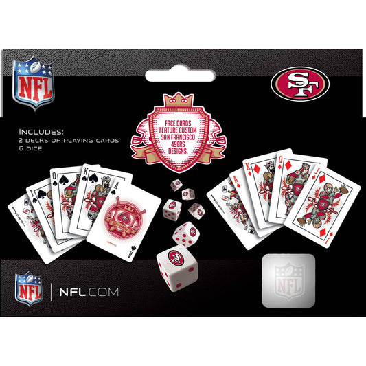 San Francisco 49ers 2-pack playing cards and dice set with two decks and six dice.