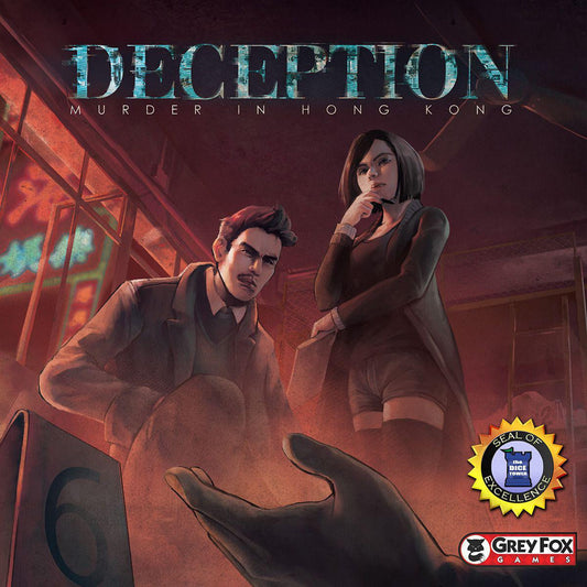 Deception: Murder in Hong Kong social deduction board game, cover shows two detectives at a crime scene.