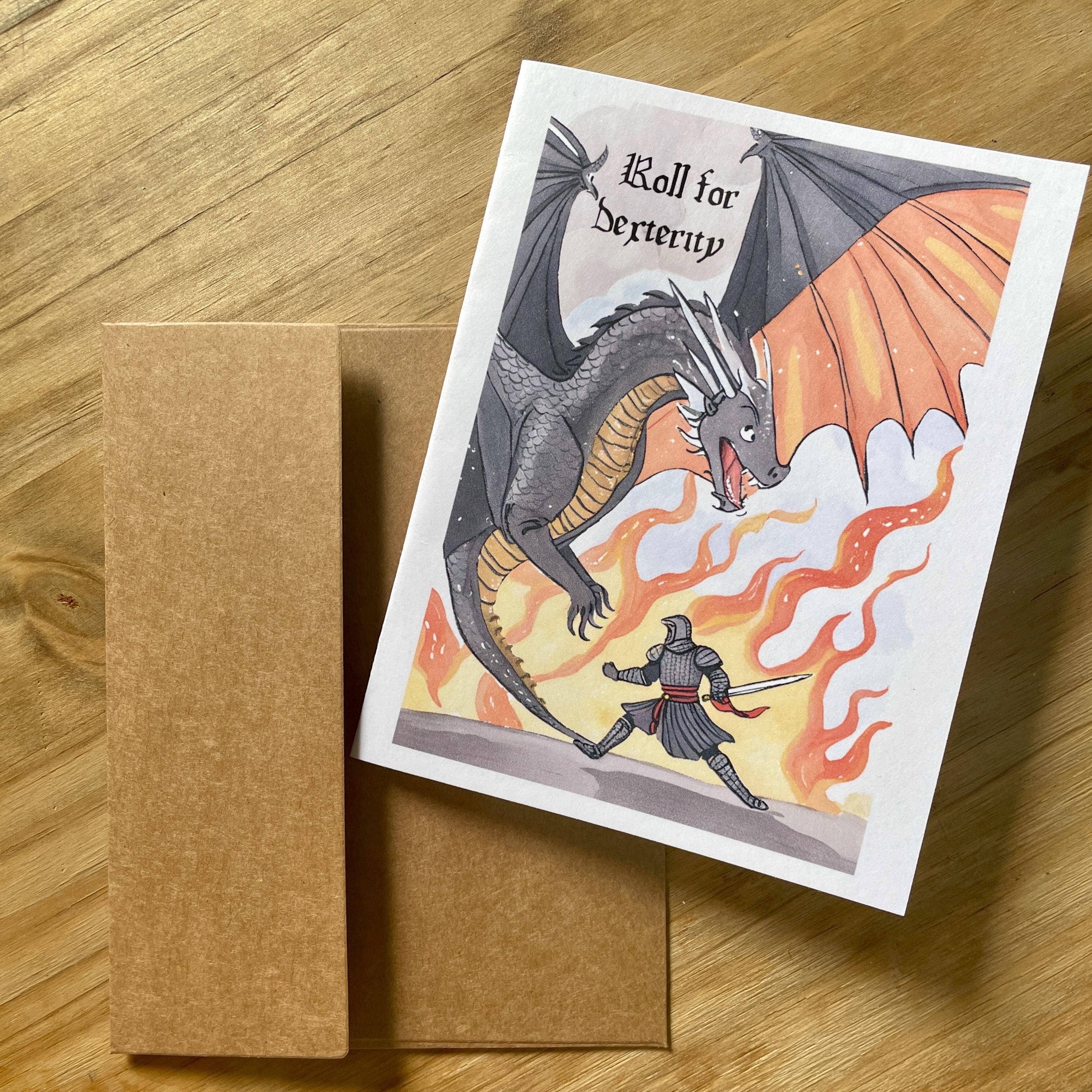 Medieval Knight and Dragon encouragement card, matte finish, blank inside, includes self-seal envelope.