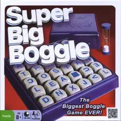 Super Big Boggle game with 6x6 grid, lettered cubes, sand timer, and white title on a red background.