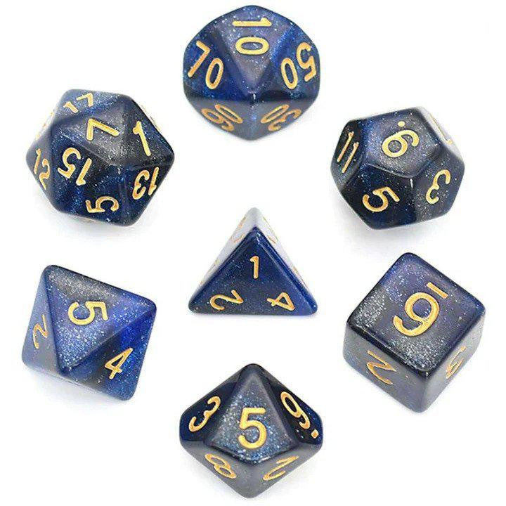 Black & Blue Galaxy RPG Dice Set with seven polyhedral dice featuring gold numbers.