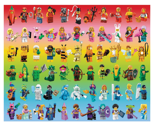 LEGO Minifigure Rainbow 1000-piece puzzle with rows of costumed minifigures on a rainbow gradient background.
