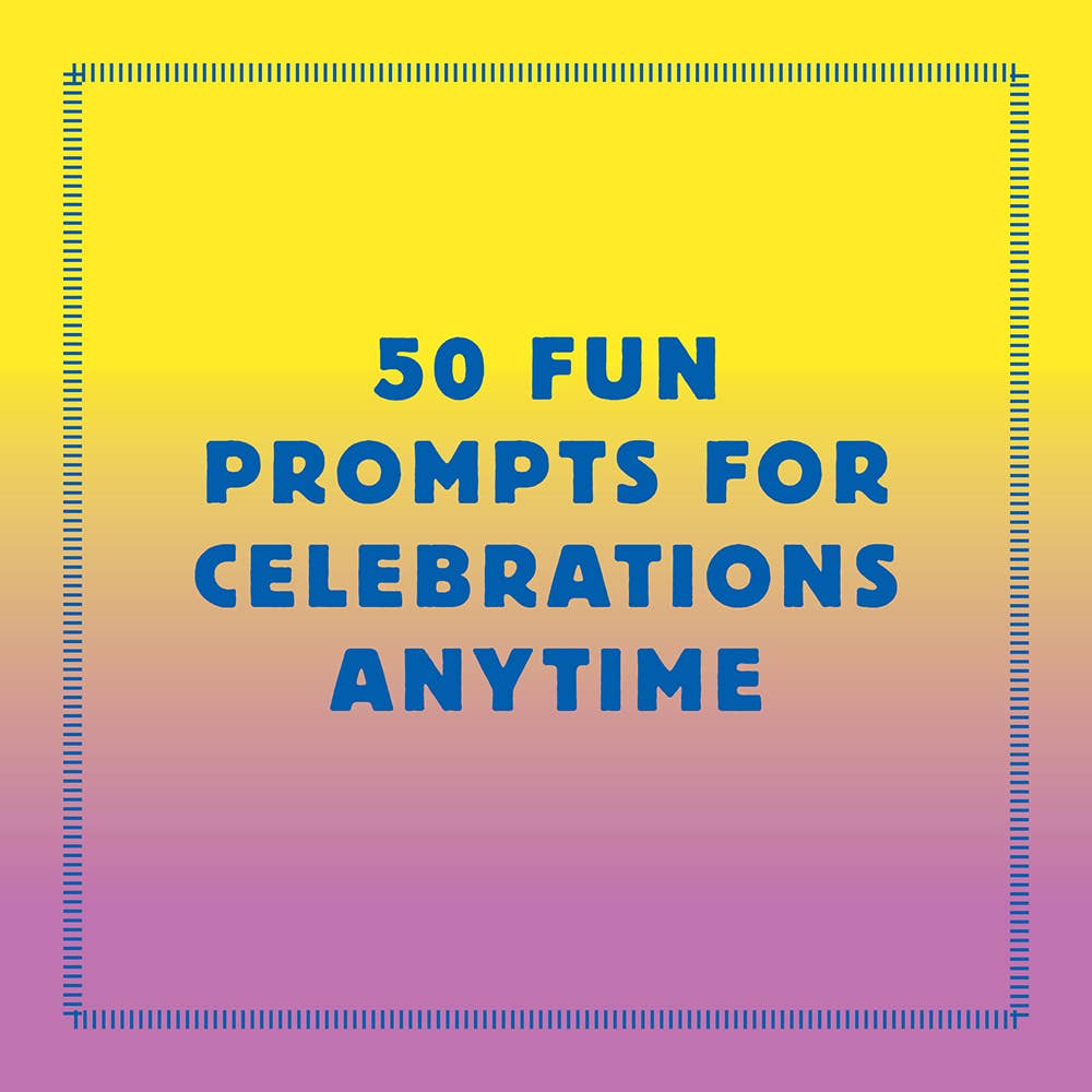 50 celebration prompts from Spark Celebration for any occasion on a yellow and purple gradient background.
