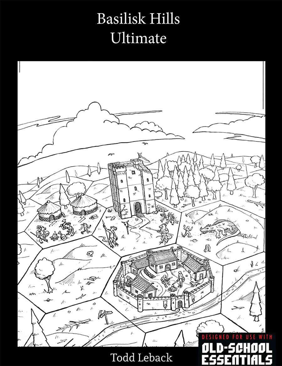 Basilisk Hills Ultimate (softcover) black and white map showing hills, buildings, and trees for Old School Essentials.