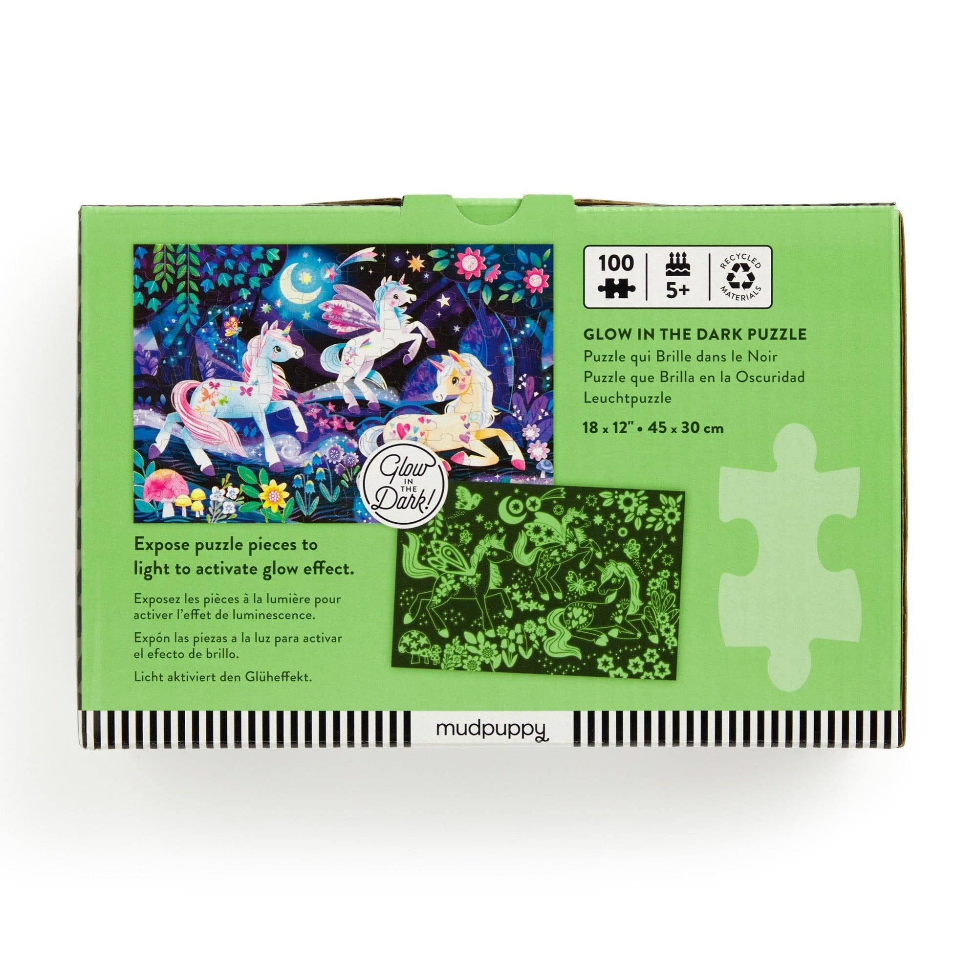 Unicorn Dreams 100 Piece Glow in the Dark Puzzle for ages 5+, with stars and forest details.
