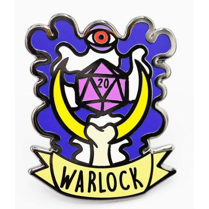 Warlock enamel pin with purple d20, crescent moon, and eye design, from the Banner Class Pins series.