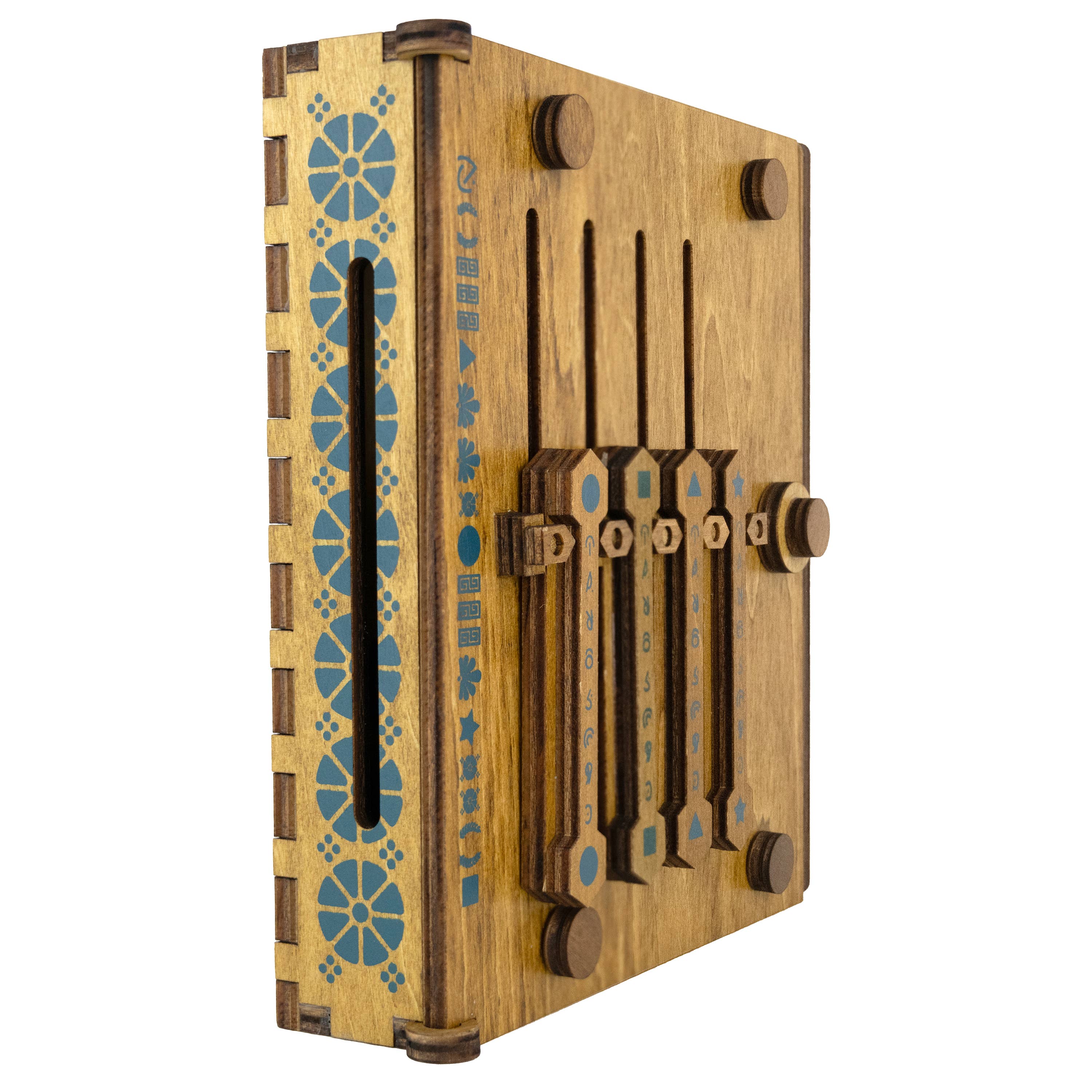 True Genius Caesars Codex Secret Puzzle Box with blue geometric patterns, symbols, and five sliding knobs.