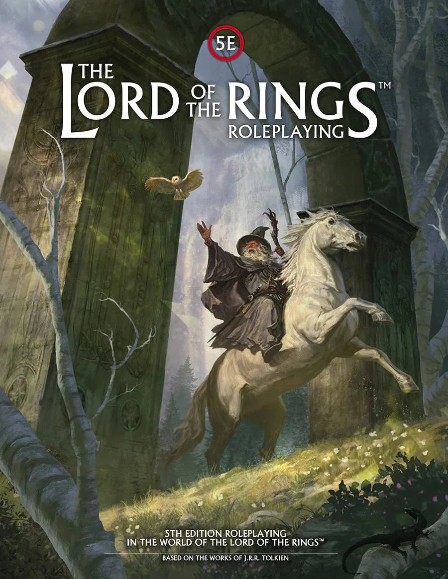 D&D 5E: LotR: Shire Adventures features a wizard on a white horse under a stone arch in a forest.