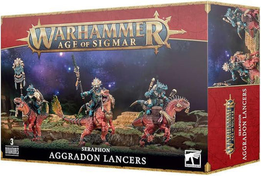 Seraphon: Aggradon Lancers Age of Sigmar box with three lizard-mounted Seraphon miniatures.