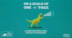 On a Scale of One to T-rex board game by Exploding Kittens featuring a green T-Rex and sound bars on the packaging.