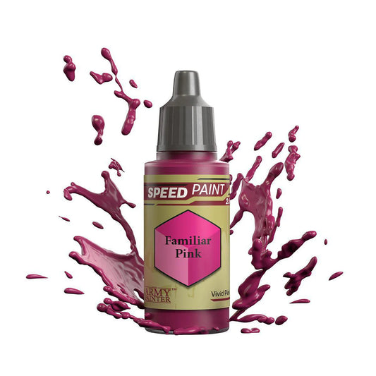 Army Painter Speedpaint bottle, Familiar Pink variant, for miniatures; pink paint splashes on white background.