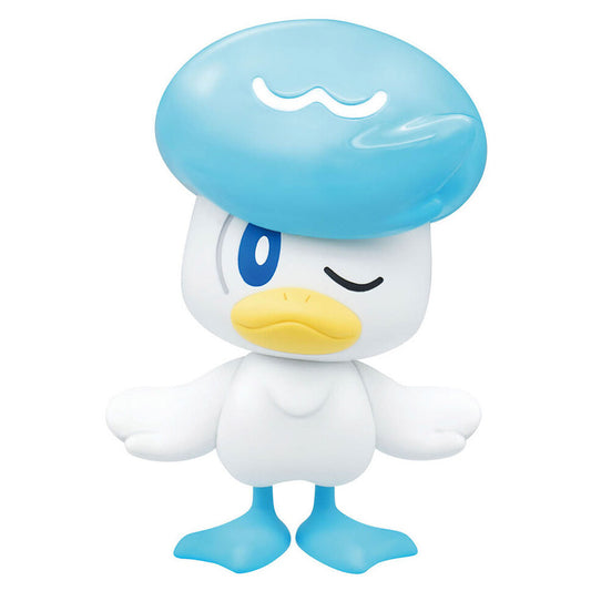 Pokemon Model Kit Quaxly figure, cartoon duck with blue feet, wing outstretched, curl on head, one eye open.