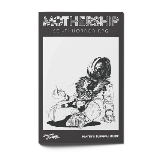 MOTHERSHIP Players Survival Guide book cover with a sketched astronaut slumped in space.
