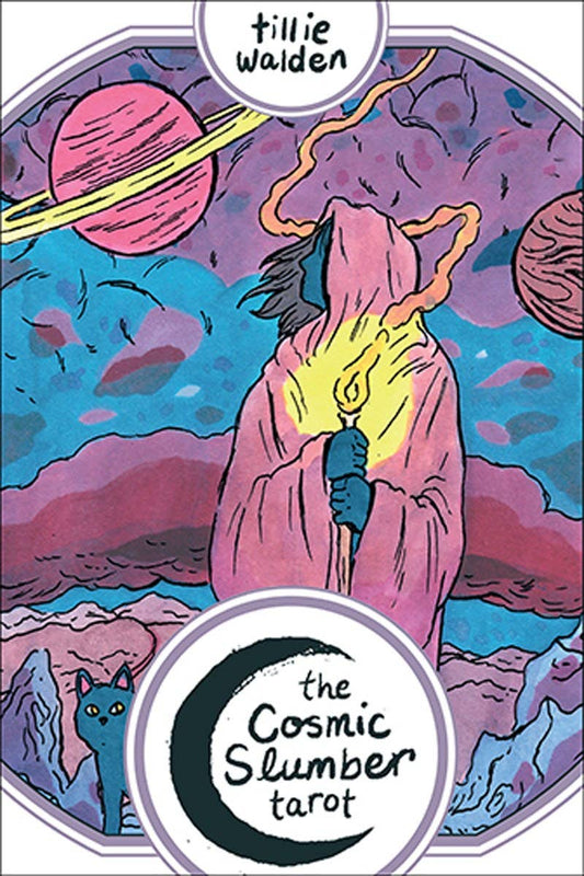 Cosmic Slumber Tarot Deck by Tillie Walden, featuring hooded figure, torch, planets, cat, and logo.