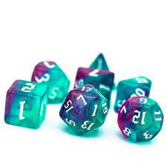 Aurora Elemental RPG Dice Set with colorful polyhedral dice and white numbers for Dungeons and Dragons.