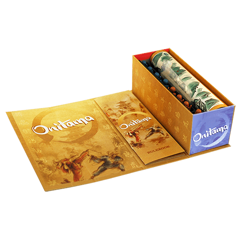 Onitama game with rulebook, yellow booklet, tokens, rolled-up game board, and box.