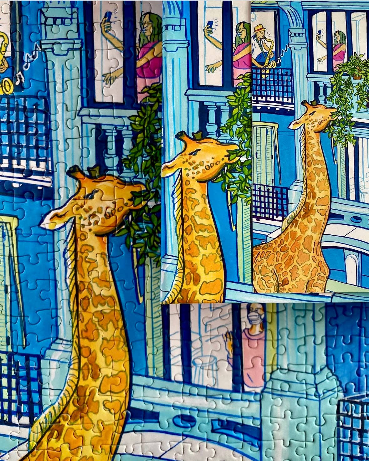 City Culture 1000-piece puzzle by Jules Monson featuring a cartoon giraffe looking up at balconies.