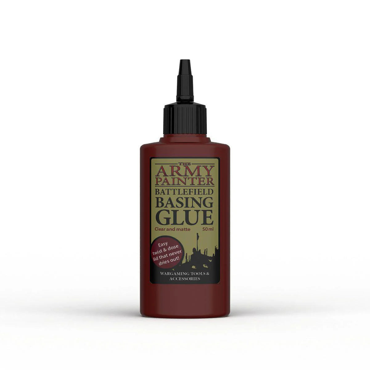 Army Painter Basing Glue bottle with pointed nozzle and green-brown label, non-toxic formula for basing miniatures.