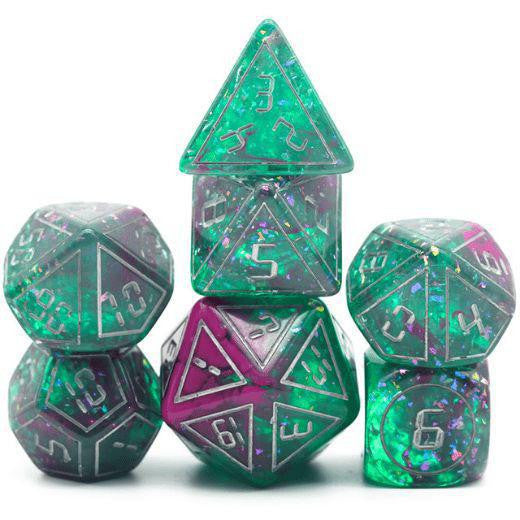 Cybernated Purple & Green XLarge polyhedral resin RPG dice set, glittery finish, for D&D tabletop gaming.