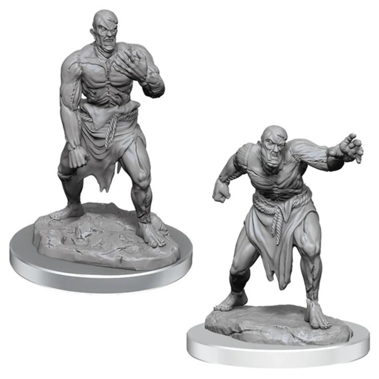 Two gray D&D NMU Flesh Golems W17 miniatures, muscular and bald, in tattered clothes, on bases.