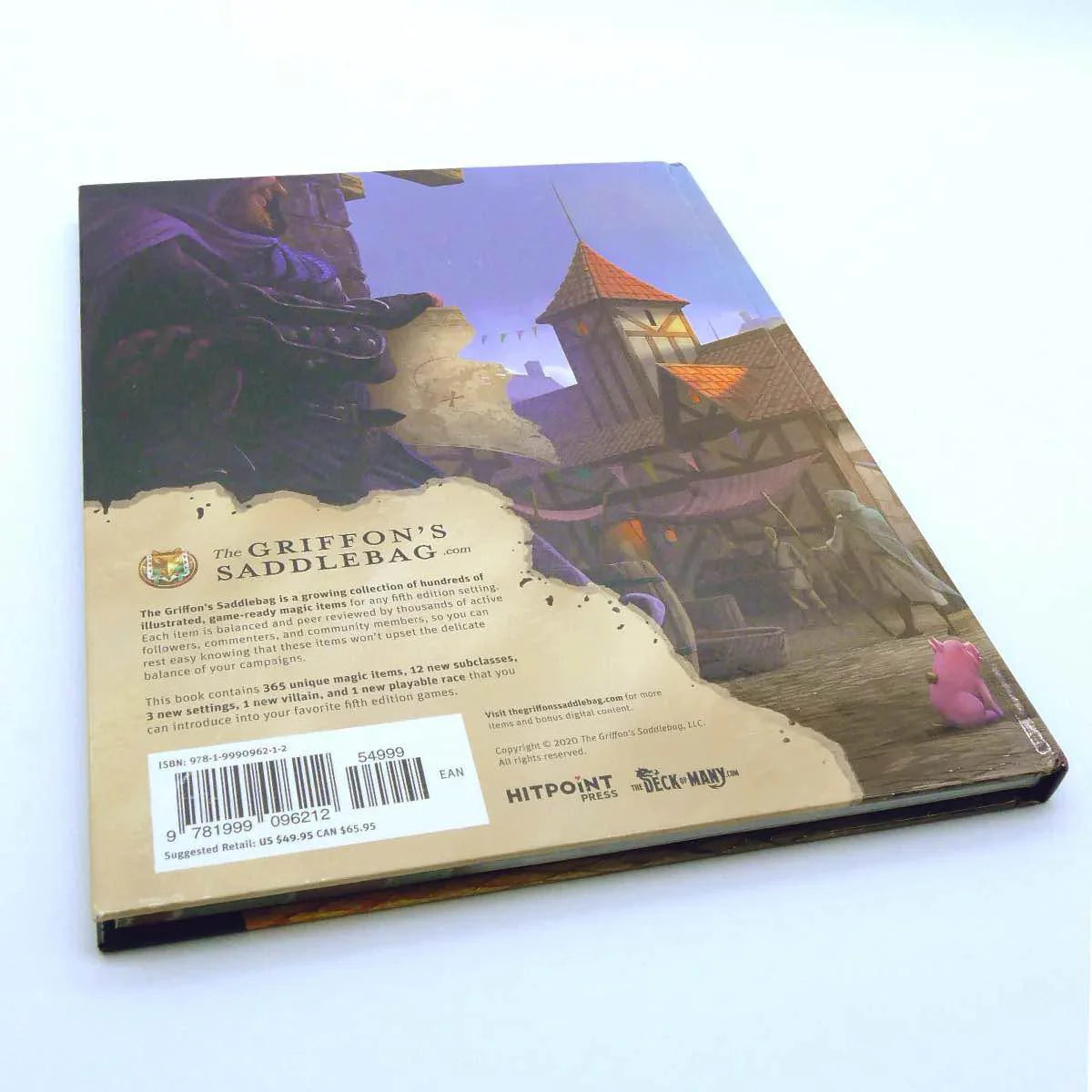 Back cover of The Griffons Saddlebag Book One for D&D 5E, showing magic items and barcode in bottom left corner.