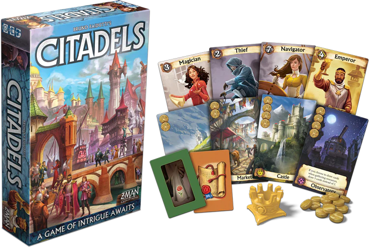 Citadels Revised Edition game with box, character cards, coins, district cards, and gold crown token.