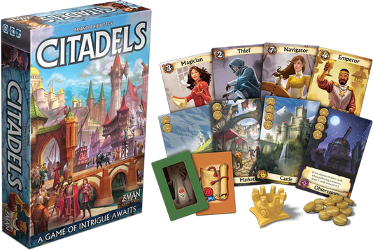 Citadels Revised Edition game with box, character cards, coins, district cards, and gold crown token.