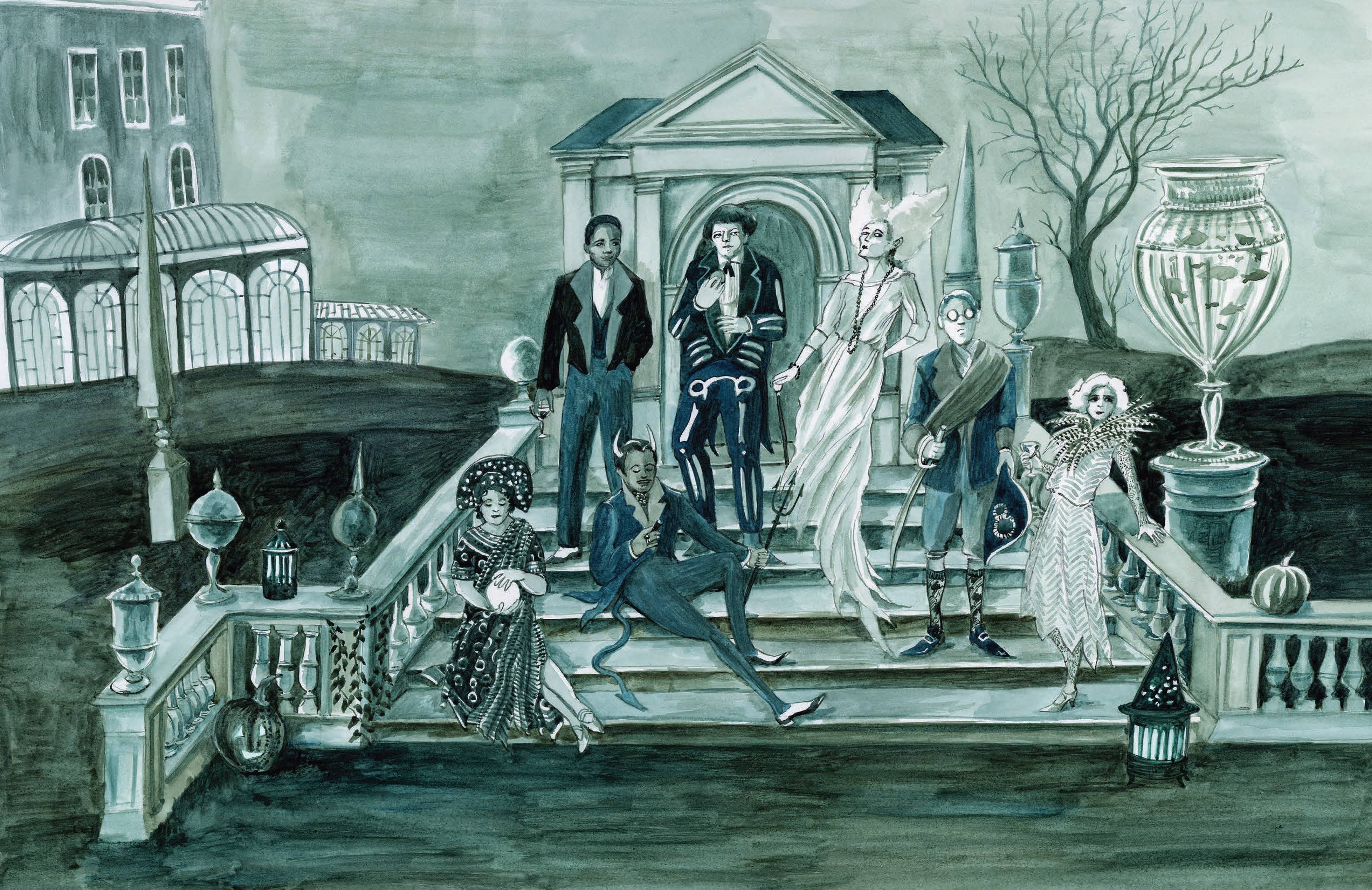 Murder Most Puzzling: Peril at Quandary Park game with seven costumed guests on manor steps at night.