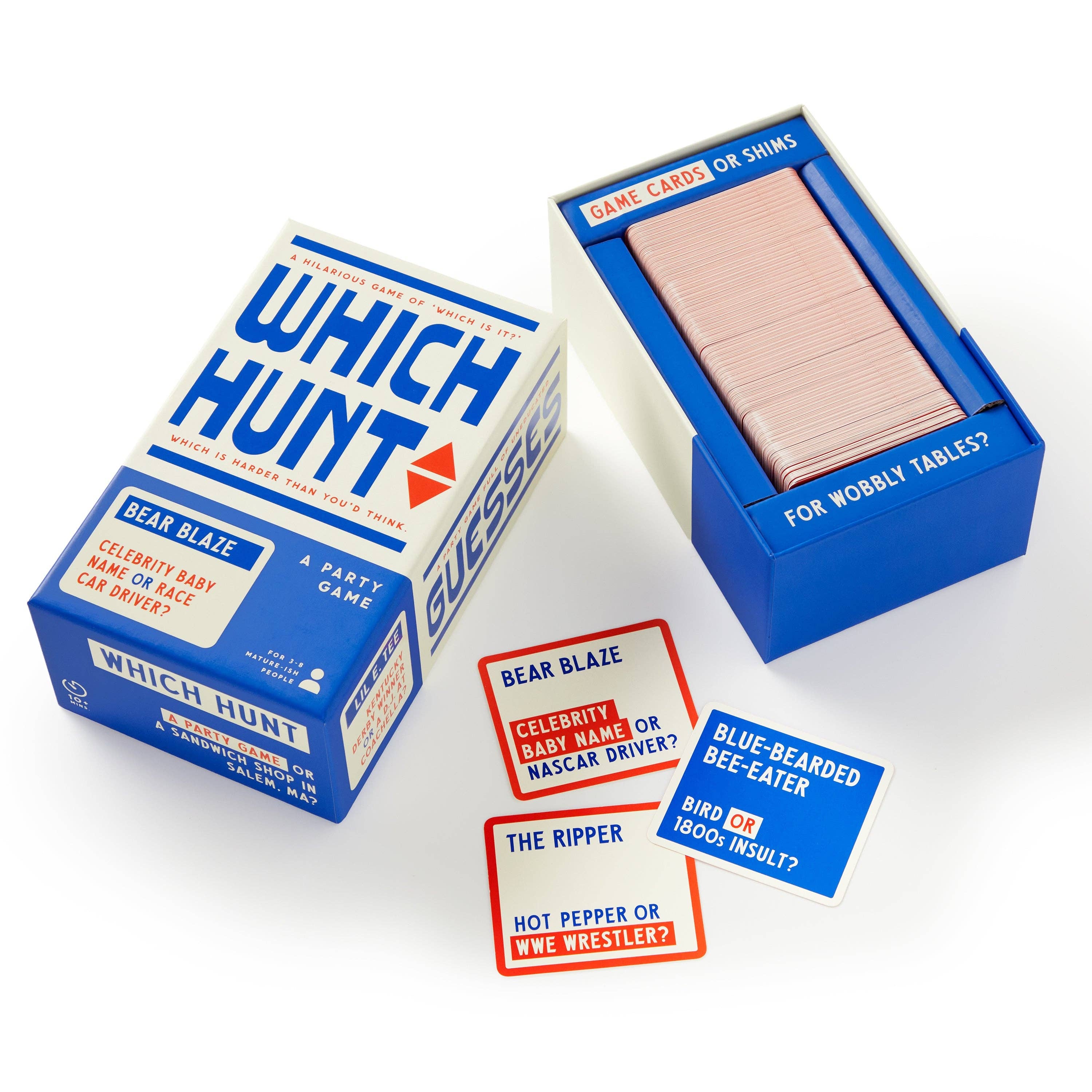 Brass Monkey Which Hunt trivia game box with clue cards partially visible.