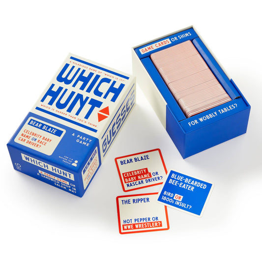 Brass Monkey Which Hunt trivia game box with clue cards partially visible.