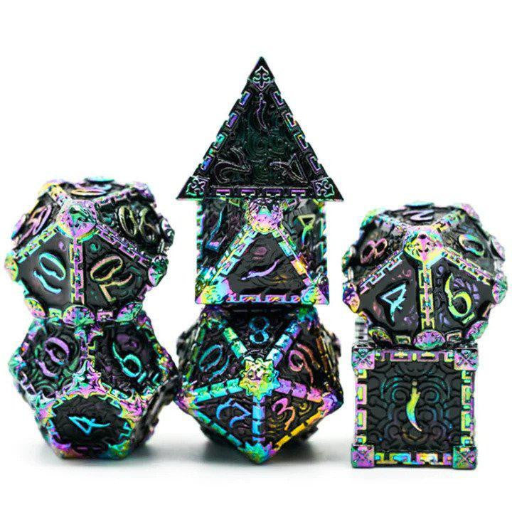 The Dagger of Venom: Black Rainbow RPG Metal Dice Set, stacked, on a white background.