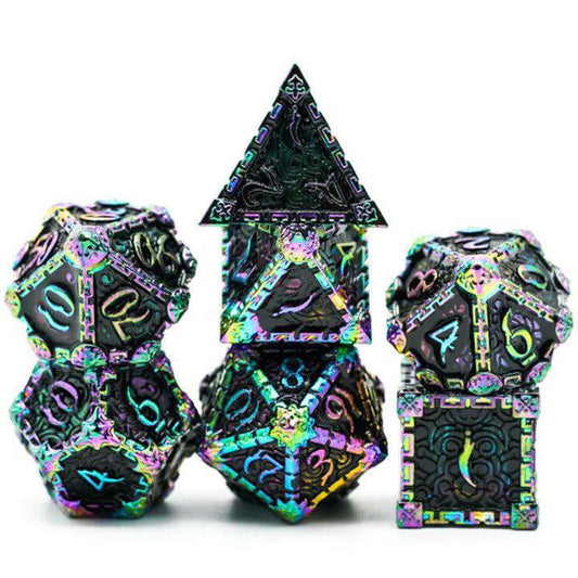 The Dagger of Venom: Black Rainbow RPG Metal Dice Set, stacked, on a white background.