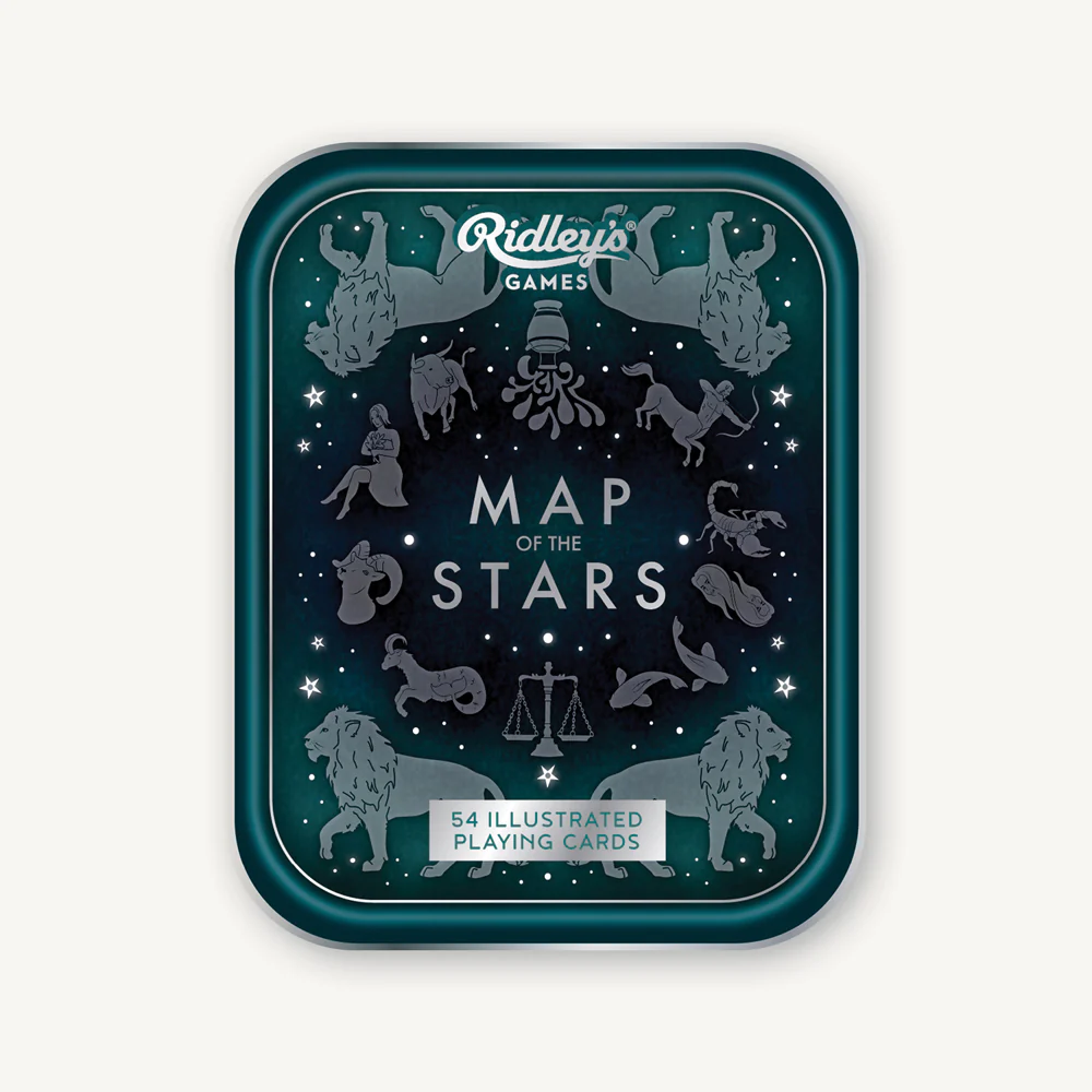 Map of the Stars Playing Cards in a tin box with zodiac symbols, 54 constellation cards by Ridley’s Games.