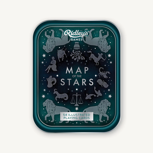 Map of the Stars Playing Cards in a tin box with zodiac symbols, 54 constellation cards by Ridley’s Games.