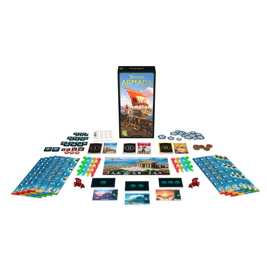 7 Wonders Armada Expansion box with ships, tokens, cards, coins, boards, and rulebook.