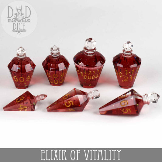 Set of seven red gem-shaped resin dice bottles with gold numbers, labeled Elixir of Vitality.