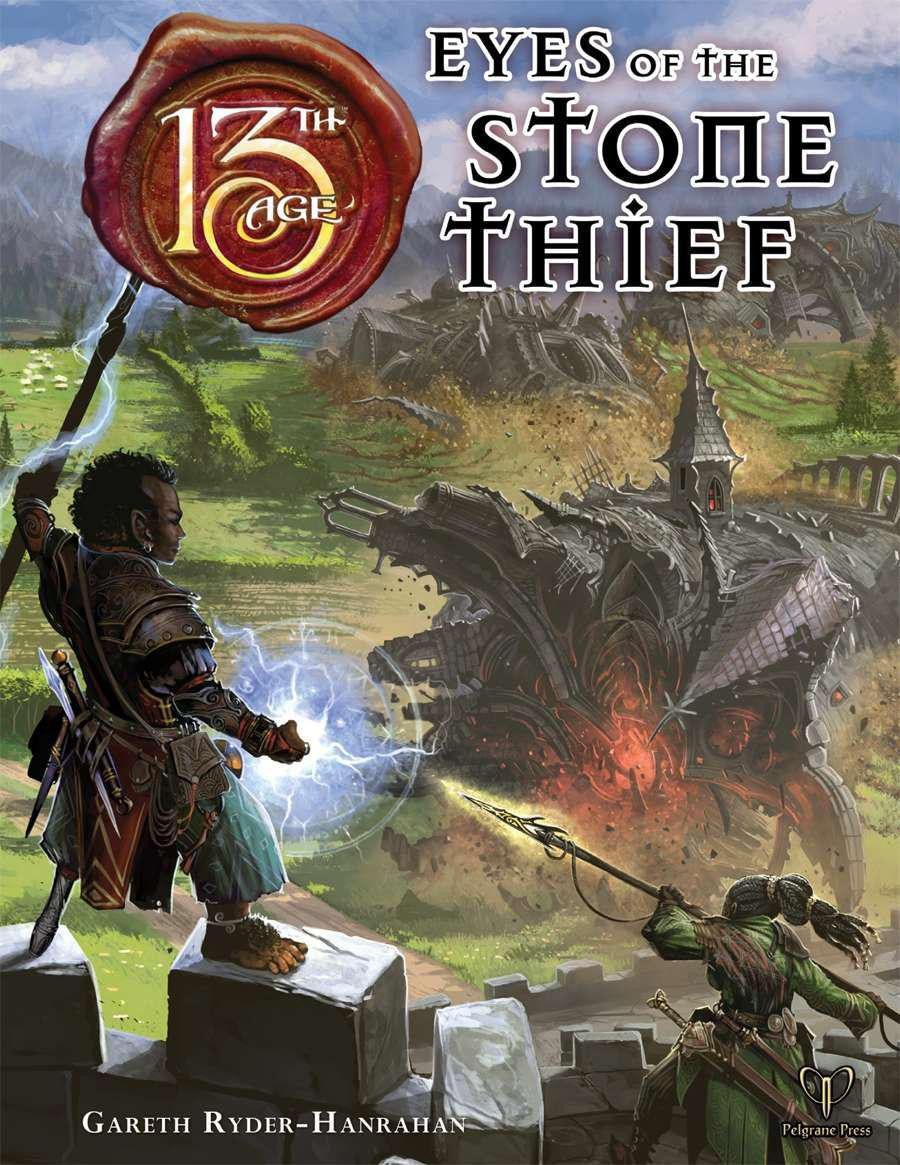 13th Age Eyes of the Stone Thief game cover featuring a hero casting magic at a rising living dungeon.