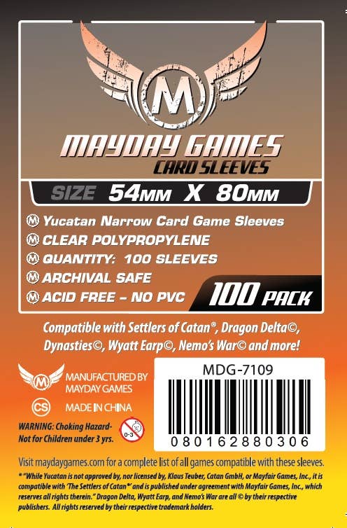 Yucatan Narrow Card Game Sleeves, 54x80mm, pack of 100 clear sleeves for board games.