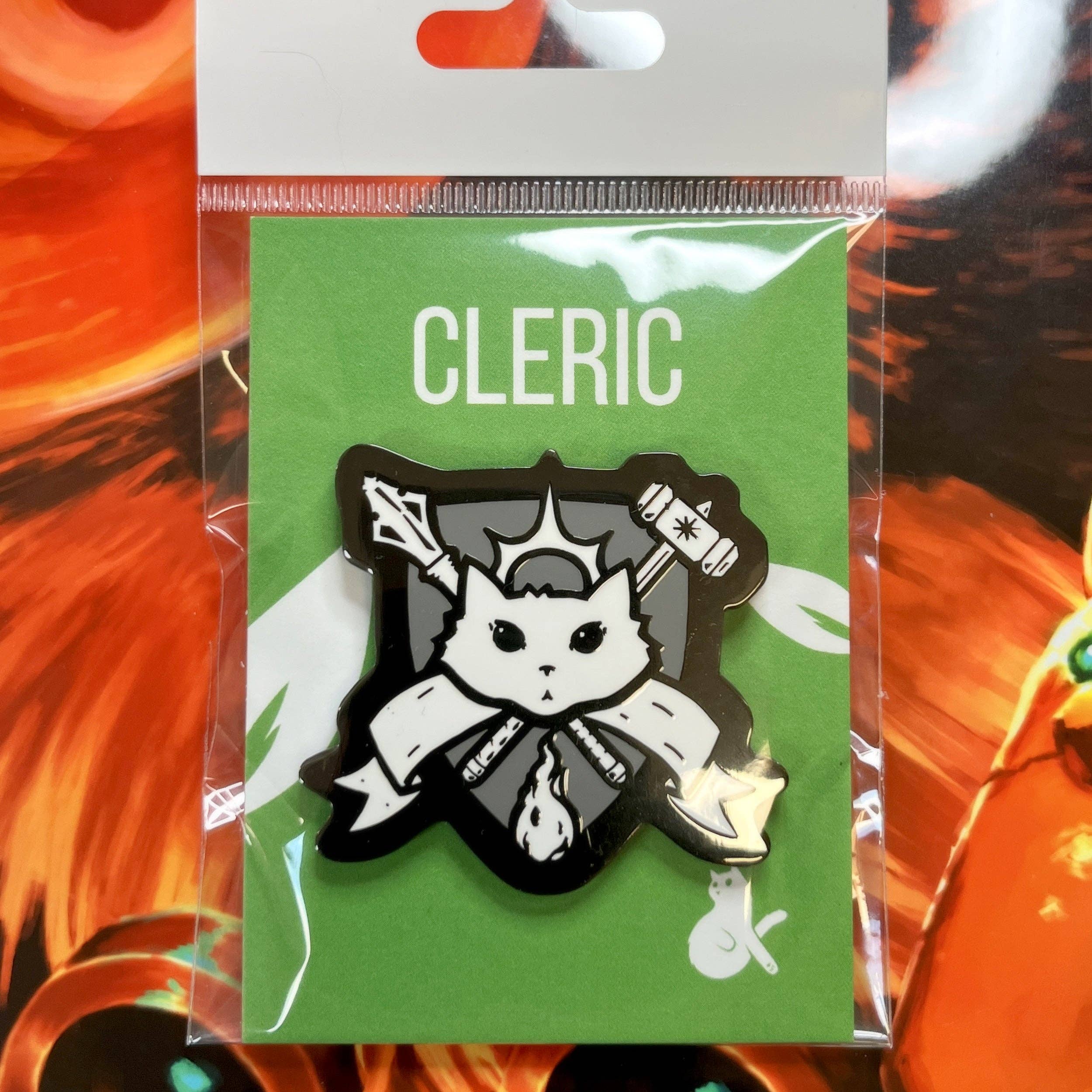 Cleric enamel pin featuring a black and white cat with hammer, scroll, and black nickel finish.