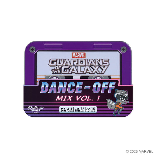 Marvel Guardians of the Galaxy Dance-off game box featuring Rocket Raccoon and Star-Lord on the cover.