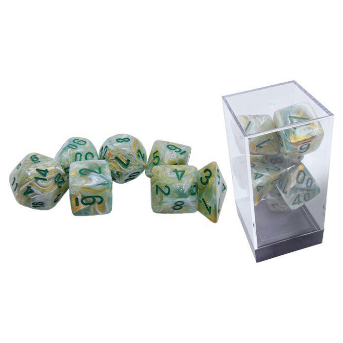 7-piece Mega Hedral Dice set with marbled green polyhedral dice, displayed inside and outside a clear plastic box.