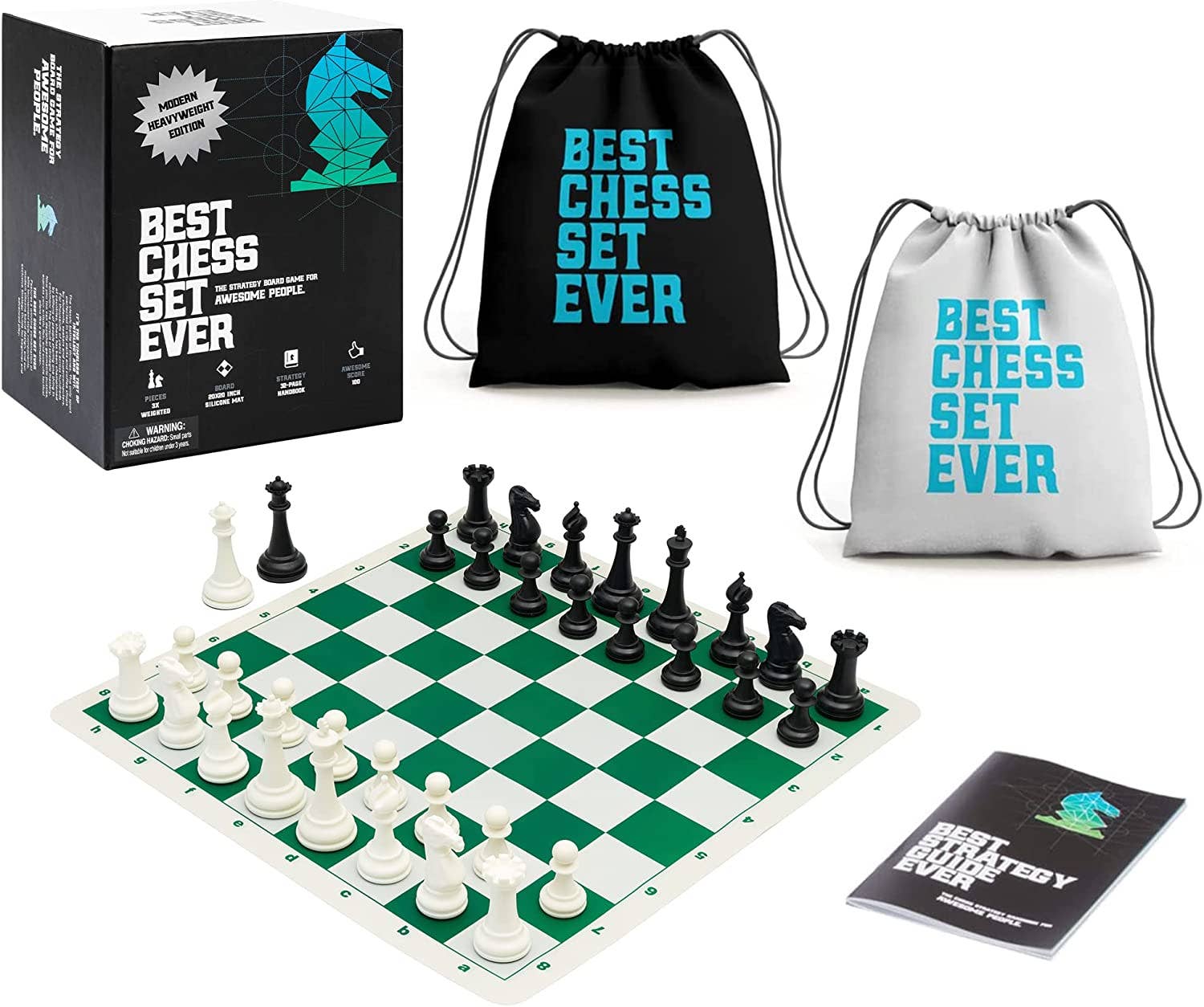 Best Chess Set Ever 3x Tournament Set with weighted pieces, double-sided board, two bags, box, and instructions.