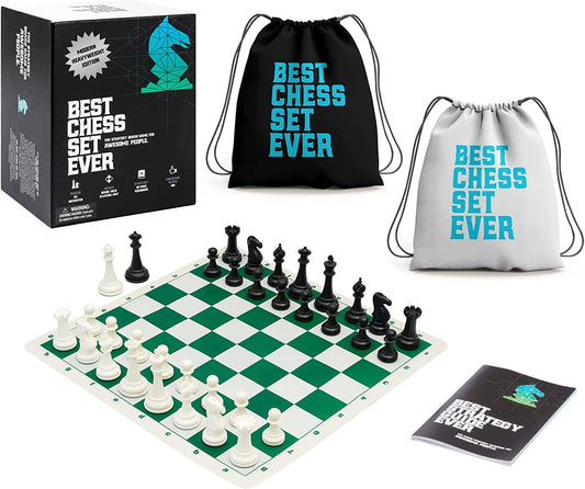 Best Chess Set Ever 3x Tournament Set with weighted pieces, double-sided board, two bags, box, and instructions.