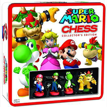 Super Mario Bros chess set (tin) with hand-painted Mario, Luigi, Peach, Yoshi, and Bowser pieces.