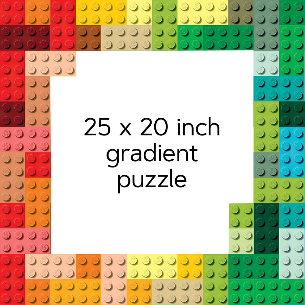 LEGO Rainbow Bricks Puzzle with colorful pieces and 25x20 inch gradient puzzle text in the center.